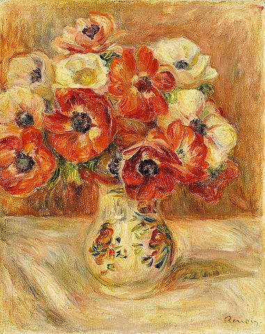 Pierre-Auguste Renoir, Stillleben mit Anemonen. (Stillleben, Blumen, Blüten, Annemonen, Blumenstrauß,   floral, Vase, Krug, Impressionismus, klassische Moderne, Wunschgröße, Wohnzimmer, Esszimmer, Malerei)