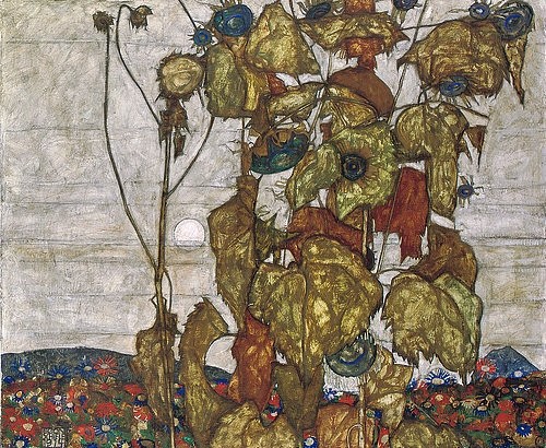 Egon Schiele, Herbstsonne. 1914 (Schiele,Egon,1890-1918,Christie's Images Ltd,Öl auf Leinwand,20. Jahrhundert,Expressionismus,Egon Schiele,Sonnenblumen,Herbst,Blumen,Landschaft,symbolisch,welken,verwelkt,Herbstanfang,Melancholie,vertrocknen,Tod,unbunt,gebrochen,gebrochene Farben,Vergängl)