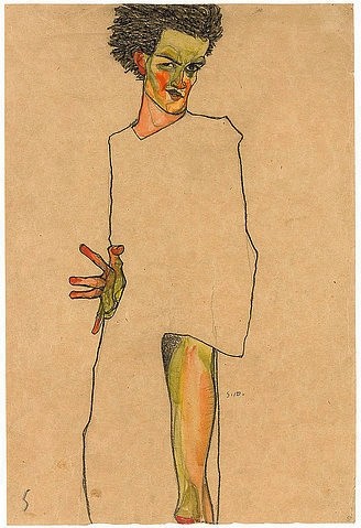 Egon Schiele, Selbstbildnis. 1910 (Schiele,Egon,1890-1918,Christie's Images Ltd,Aquarell/Kohle,20. Jahrhundert,Portrait,Expressionismus,auf Papier,Egon Schiele,selbstportrait,gespreizt,Selbstbefragung,Hand,Finger,Blickkontakt,Ausdruck,ausdrucksstark,Künstler,Mann)