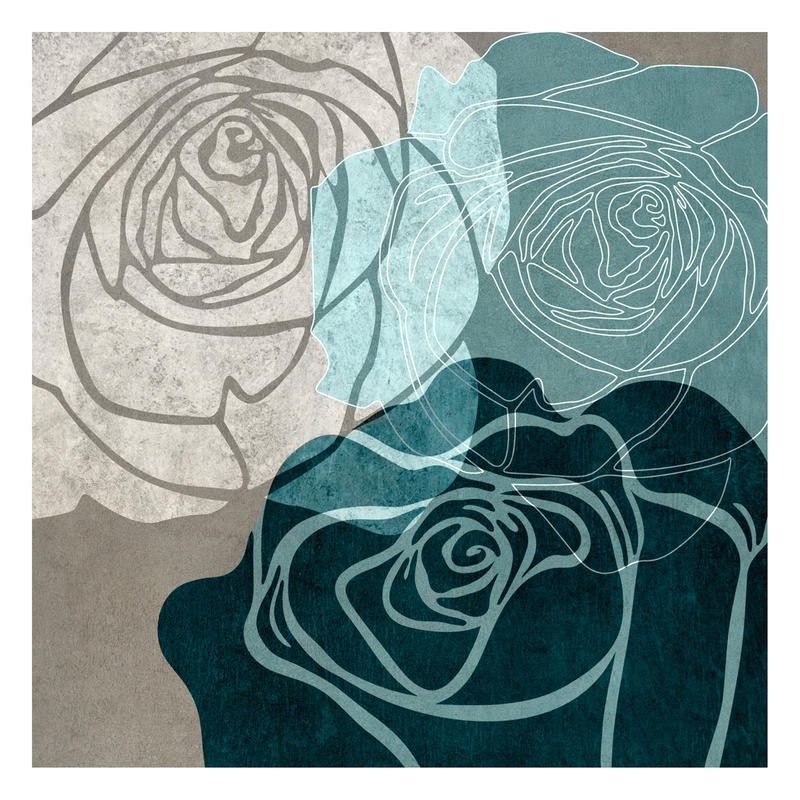 Kristin Emery, BEIGE ROSE WITH BLUE IV (Blüten, Blumen, Rosen, stilisiert, Grafik, zeitgenössisch, Wohnzimmer, Treppenhaus, Wunschgröße, blau/beige)