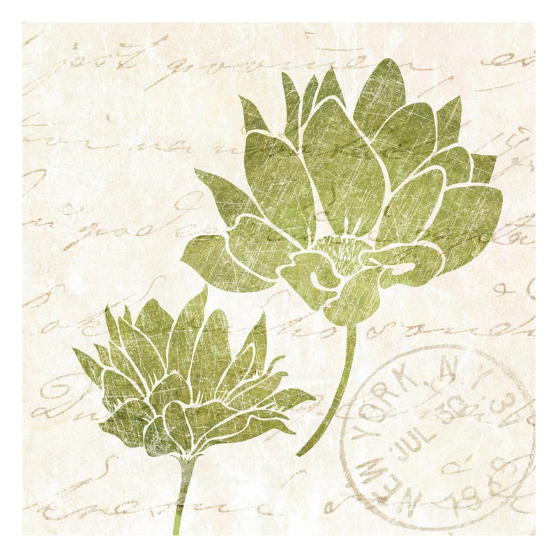 Kristin Emery, SPICE LEAVES II (Blüten, Kräuter, Kaligrafie, Schriftzug, Grafik, zeitgenössisch, Wohnzimmer, Treppenhaus, Wunschgröße, grün/beige)