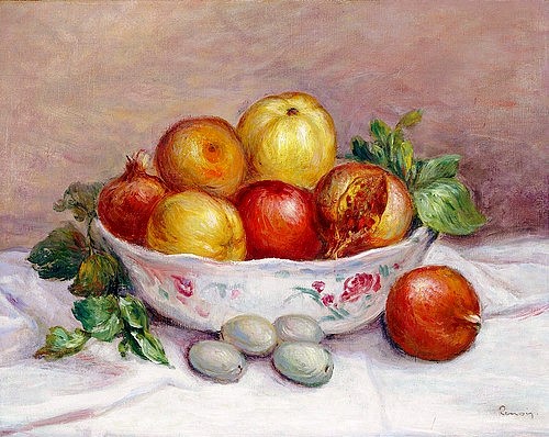 Pierre-Auguste Renoir, Stillleben mit Granatapfel. (Stillleben, Früchte, Obst,  Granatäpfel, Mandeln, Schale,   Impressionismus, klassische Moderne, Wunschgröße, Wohnzimmer, Eszimmer, Küche, Malerei)