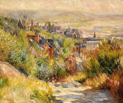 Pierre-Auguste Renoir, Hügelige Landschaft bei Trouville. (Landschaft, Landschaftsmalerei, Stadt, Hügel, Trouville, Frankreich, Impressionismus, klassische Moderne, Wunschgröße, Wohnzimmer, Malerei)