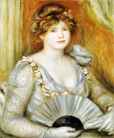 Pierre-Auguste Renoir, Bildnis einer Frau mit Fächer. (Portrait, Frau, fächer, Handschuhe, Eleganz, vornehm,  Abendkleid, Décolleté,  Impressionismus, klassische Moderne, Wunschgröße, Wohnzimmer, Malerei)