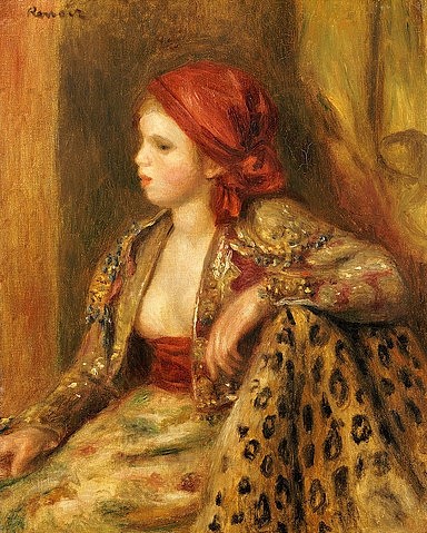 Pierre-Auguste Renoir, Odaliske. Um 1895 (Portrait, Frau, Odaliske, Tigerfell, Kopftuch, Kostüm, orientalistisch, exotisch,   Impressionismus, klassische Moderne, Wunschgröße, Wohnzimmer, Malerei)