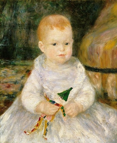 Pierre-Auguste Renoir, Kind mit einem Clown. (Portrait, Kleinkind,  Spielzeug, Spielzeugclown, Clown, Impressionismus, klassische Moderne, Wunschgröße, Wohnzimmer, Malerei)