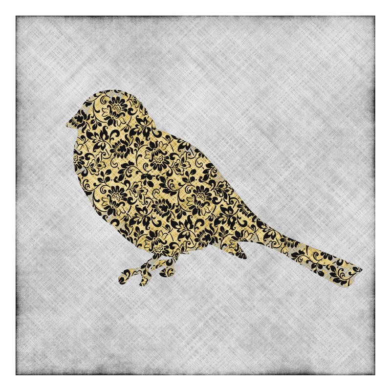 Kristin Emery, BROCADE BIRD I (Vogel, Profil, Zweig, Silhouette, Blumenmmuster, plakativ, Wunschgröße, Wohnzimmer, Treppenhaus, Schlafzimmer, Wunschgröße, grau/beige)