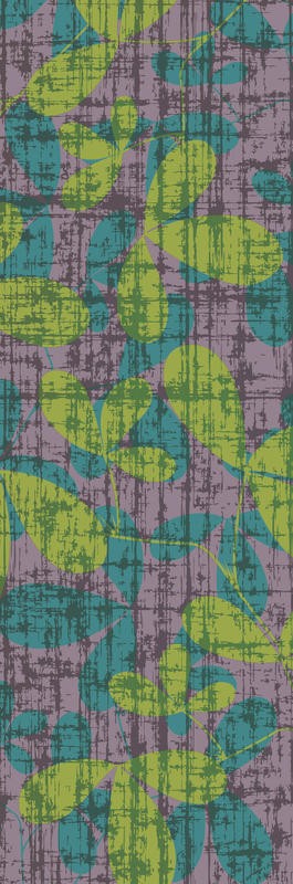 Kristin Emery, GREEN PURPLE PANEL II (Blätter, abstrahiert, Muster, Grafik, modern, zeitgenössisch, Wohnzimmer, Treppenhaus, Wunschgröße, grün/bunt)