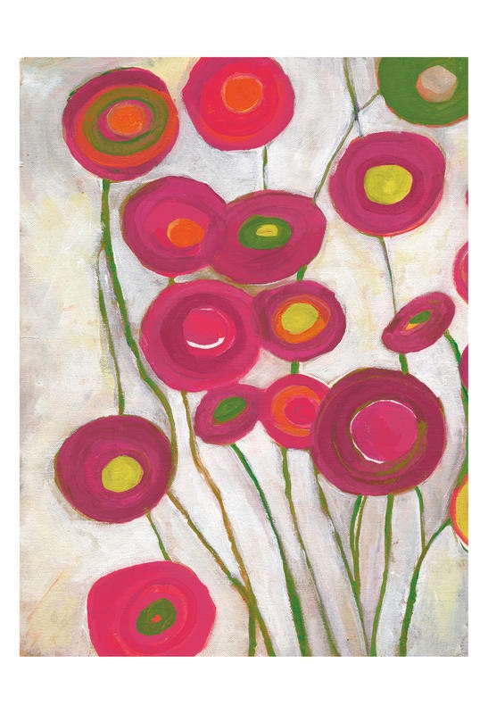 Smith Haynes, FLORA IN RED I (Abstrakt, Malerei, Blumen, Blüten, verspielt,  geometrische Formen, Kreise, Linien, modern, Wohnzimmer, Treppenhaus,  Wunschgröße, bunt)