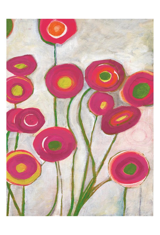 Smith Haynes, FLORA IN RED II (Abstrakt, Malerei, Blumen, Blüten, verspielt,  geometrische Formen, Kreise, Linien, modern, Wohnzimmer, Treppenhaus,  Wunschgröße, bunt)