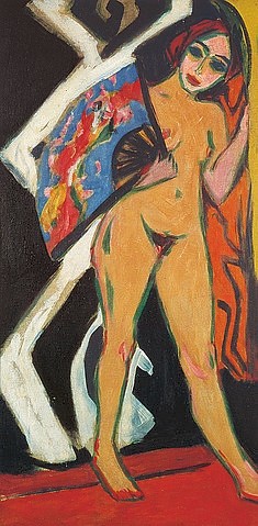Ernst Ludwig Kirchner, Dodo mit großem Fächer. 1910 (Kirchner,Ernst Ludwig,1880-1938,Christie's Images Ltd,Öl auf Leinwand,20. Jahrhundert,Expressionismus,Ernst Ludwig Kirchner,Frau,Stehende,Akt,Fächer,weiblicher Akt,Dodo)