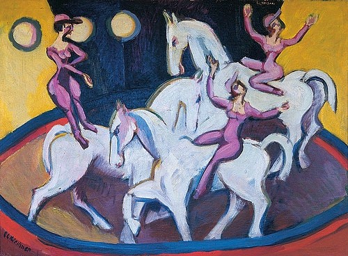 Ernst Ludwig Kirchner, Jockeyakt. 1925 (Kirchner,Ernst Ludwig,1880-1938,Christie's Images Ltd,Öl auf Leinwand,Ernst Ludwig Kirchner,Zirkus,Pferde,Manege,Reiterin,Artisten,Artistin,Schimmel,drei,Vorführung)