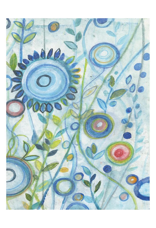 Smith Haynes, IN THE WILD BLUE II (Abstrakt, Malerei, Blumen, Blüten, verspielt,  geometrische Formen, Kreise, Linien, modern, Wohnzimmer, Treppenhaus,  Wunschgröße, bunt)