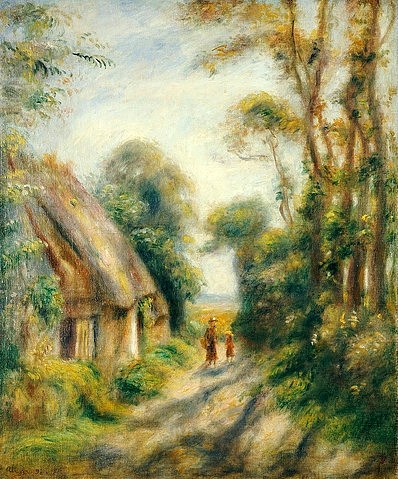 Pierre-Auguste Renoir, Am Stadtrand von Berneval. (Landschaftsmalerei, Landschaft Weg, Spaziergänger, Frankreich, Mutter/Kind, Bäume ländlich,   klassische Moderne, Wunschgröße, Wohnzimmer, Malerei)