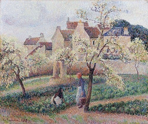 Camille Pissarro, Blühende Pflaumenbäume. 1889 (Christie's Images Ltd,Pissarro,Camille,1830-1903,Öl auf Leinwand,19. Jahrhundert,Impressionismus,Camille Pissarro Zwetschgenbaum Garten Bäume Frühling bühende blühen Obstbaum Obstbäume Gemüsegarten Obstgarten, französischer impressionismus)