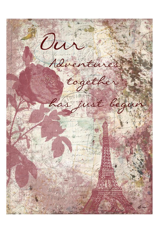 Sheldon Lewis, PARIS IN LOVE II (Eiffelturm, Paris, Blumen, Rose, Postkartenmotiv, Nostalgie, Retro, Inspiration, Grafik, Wunschgröße, Wohnzimmer, Treppenhaus, Schlafzimmer, rosa)