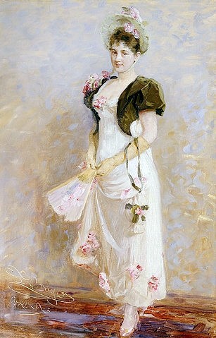 PEDER SEVERIN KROYER, Portrait von Emma Thomsen. 1893 (Christie's Images Ltd,Kroyer,Peter Severin,1851-1909,19. Jahrhundert,Portrait,Peder Severin Kroyer SChauspielerin Fau Blickkontakt Mode Hut Fächer helle Farben Skandinavien modisch)