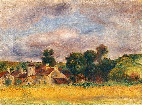 Pierre-Auguste Renoir, Dorf in der Bretagne. Um 1892 (Landschaft, Landschaftsmalerei, Bretagne, Frankreich, Dorf, Wolkenhimmel, Getreidefeld Sommer, Impressionismus, klassische Moderne, Wunschgröße, Wohnzimmer, Malerei)