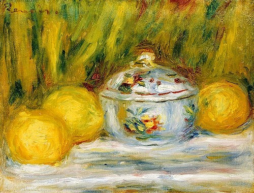 Pierre-Auguste Renoir, Stillleben mit Zuckerdose und Zitronen. 1915 (Stillleben, Früchte, Zitronen, Sommer, Dose, Impressionismus, klassische Moderne, Wunschgröße, Wohnzimmer, Eszimmer, Küche, Malerei)