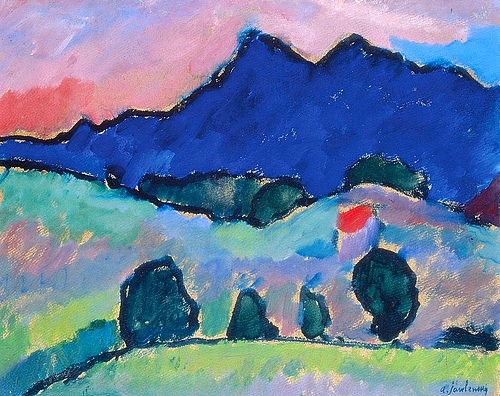 Alexej von Jawlensky, Blauer Berg. 1910 (Jawlensky,Alexej von,1864-1941,Christie's Images Ltd,Öl/Pappe,20. Jahrhundert,Expressionismus,Alexej von Jawlensky,Landschaft,blauer Reiter,blau,Berg,Abendstimmung,Hügel)