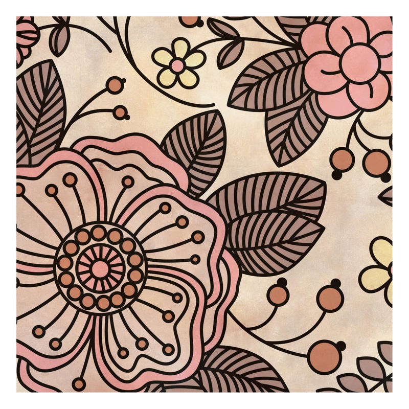 Kristin Emery, SOFT FLORA II (Muster, floral, Blumen, Blätter, stilisierte Blüten, retro/vintage, flower power, Grafik,  modern, zeitgenössisch, Wohnzimmer, Treppenhaus, Wunschgröße,  bunt)