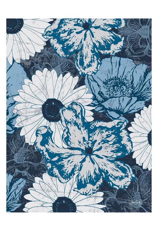 Diane Stimson, MULTIPLE FLOWERS II (Blumen, Blüten, stilisiert, plakativ, modern, Grafik, Wunschgröße, Treppenhaus, Wohnzimmer, blau/weiß)