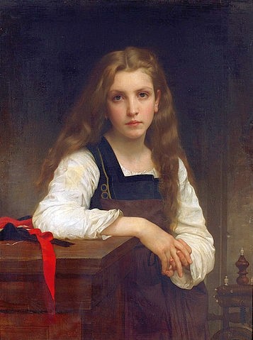 William Adolphe Bouguereau, Die kleine Spinnerin. (Christie's Images Ltd,Bouguereau,William Adolphe,1825-1905,Öl auf Leinwand,19. Jahrhundert,Portrait,William Adolphe Bouguereau,Mädchen,langhaarig,lange Haare,Blickkontakt,Kind,brav,artig)