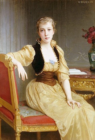 William Adolphe Bouguereau, Lady Maxwell. (Christie's Images Ltd,Bouguereau,William Adolphe,Öl auf Leinwand,19. Jahrhundert,Portrait,William Adolphe Bouguereau,Frau,Dame,gelb,gelbes Kleid,Taille,Bolero)