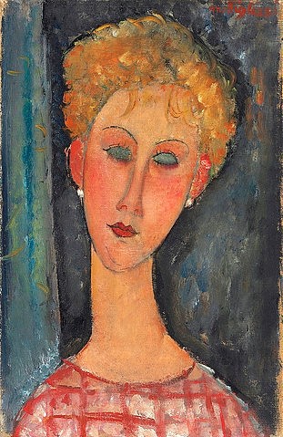 Amadeo Modigliani, Blonde junge Frau mit Ohrringen. 1918-19 (Christie's Images Ltd,Modigliani,Amadeo,1884-1920,Öl auf Leinwand,20. Jahrhundert,Portrait,Amadeo Modigliani,Frau,geneigter Kopf,kurze Haare,kurzhaarig,blond,Ohrringe,Brustbild,langer Hals,hängende Schultern,Augen)