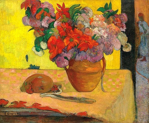 Paul Gauguin, Blumen in einer Vase und eine Feldflasche. Nach 1891 (Gauguin,Paul,1848-1903,Christie's Images Ltd,Öl auf Leinwand,19. Jahrhundert,Stillleben,Gauguin,Paul Gauguin,Stillleben,Blumen,Blumenstrauß,gelb,leuchtende Farben,Vase,Trinkflasche)