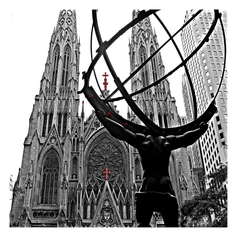 Sandro De Carvalho, CATHEDRAL (Kathedrale, St. Patrick’s Cathedral, Kirche, Architektur, New York, Rockefeller Center, Atlant, Städte, Metropole, Fotokunst, Colorspot, Wunschgröße, Wohnzimmer, Büro, Treppenhaus, schwarz/weiß, rot)