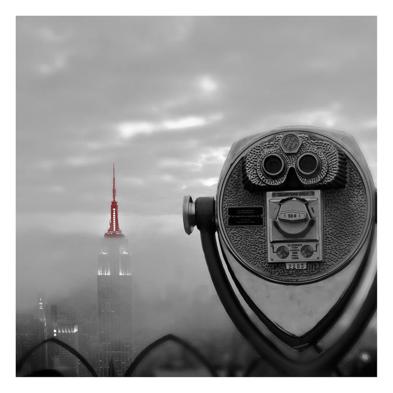 Tracey Telik, VIEW FINDER (New York, Hochhaus, Wolkenkratzer, Nebel, Fernglas, Empire State building, Colour spot, Wunschgröße, Wohnzimmer, Fotokunst, schwarz/weiß/rot)