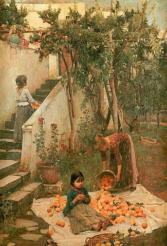 John William Waterhouse, Die Orangenpflücker. (Orangenbaum, Orangen, Apfelsinen, Garten, Wunschgröße, Malerei, Mädchen, Kinder,  Orangenernte,    Präraffaeliten, Klassiker, Wohnzimmer, Esszimmer, bunt)