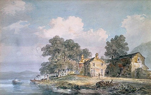 Joseph Mallord William Turner, Ein Farmhaus an einem See im Lake District. Um 1797 (Turner,Joseph Mallord William,1775-1851,Christie's Images Ltd,Aquarell über Bleistift,18. Jahrhundert,Joseph Mallord William Turner,Fluss,Aquarell,Farmhaus,Farmhäuser,Bauernhaus,Landhaus,Landsitz,Romantik,zarte Farben,England,Großbritannien,Lake District)