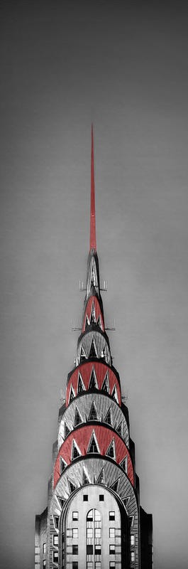 Tracey Telik, SILVER CHRYSLER III (New York, Hochhaus, Wolkenkratzer, Chrysler Building, Dachspitze, Architektur, Colour Spot, Wunschgröße, Wohnzimmer, Fotokunst, schwarz/weiß /rot)