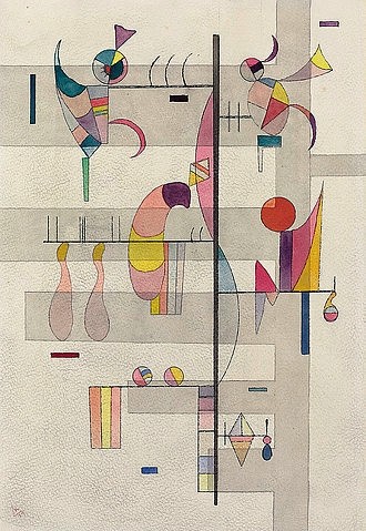 Wassily Kandinsky, Verteilung. 1934 (Kandinsky,Wassily,1866-1944,Christie's Images Ltd,Aquarell,Feder und Tusche auf Papier,20. Jahrhundert,Wassily Kandinsky,Abstraktion,abstrakt,Aquarell,poetisch,zart,zarte Farben,biomorph,Vögel,Reihen,Gerüst,lyrisch,bewegt)