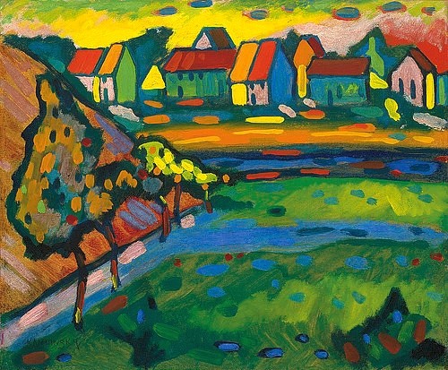 Wassily Kandinsky, Bayerisches Dorf mit Feld. 1908 (Kandinsky,Wassily,1866-1944,Christie's Images Ltd,Öl/Karton,20. Jahrhundert,Wassily Kandinsky,20. Jahrhundert,Frühwerk,Expressionismus,Landschaft,Bayern,Dorf,Häuser,Baum,Obstbaum,Stadtrand,Farben,Wiese)