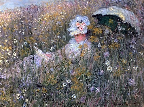 Claude Monet, In der Blumenwiese (Dans la Prairie). 1876 (Monet,Claude,1840-1926,Öl auf Leinwand,Privatbesitz,19. Jahrhundert,Wiese,Lesen,Schirm,Sonnenschirm,Sommer,Monet, Claude Monet,Blumenwiese,Impressionismus,Blumen,Wiesenblumen,weiß,grün,Natur,in der Natur,draußen,Frau)