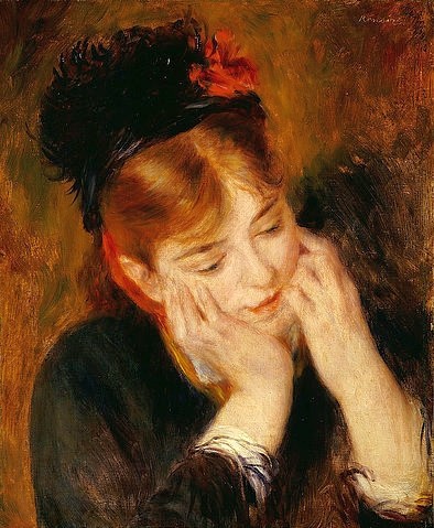 Pierre-Auguste Renoir, Kontemplation. 1877 (Portrait, Frau, nachdenklich, schwarzer Federhut, Kopf  aufgestützt, Impressionismus, klassische Moderne, Wunschgröße, Wohnzimmer, Malerei)