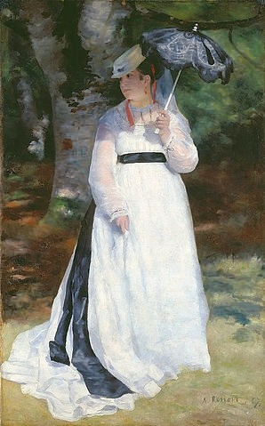 Pierre-Auguste Renoir, Lise mit dem Sonnenschirm (Lise - La femme à l'ombrelle). 1867 (Dame, Frau, Modell, Sonnensirm, Lichtung, Wald, Eleganz, Lise Tréhot,Impressionismus, klassische Moderne, Wunschgröße, Wohnzimmer, Malerei)
