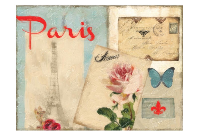 Taylor Greene, LOVE IN PARIS I (Postkartenmotiv, Paris, Blume, Rose, Eiffelturm, Schmetterling, romantisch, Vintage, Nostalgie, Grafik, Wunschgröße, Treppenhaus, Wohnzimmer)