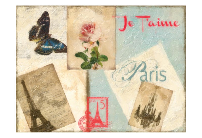 Taylor Greene, LOVE IN PARIS II (Postkartenmotiv, Paris, Blume, Rose, Eiffelturm, Schmetterling, romantisch, Vintage, Nostalgie, Grafik, Wunschgröße, Treppenhaus, Wohnzimmer)