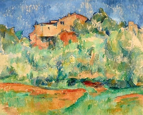 Paul Cézanne, Haus auf bewaldeter Anhöhe mit Taubenschlag (Maison de Bellevue et pigeonnier). Um 1890-92 (Essen,Museum Folkwang,Cézanne,Paul,1839-1906,Öl auf Leinwand,19. Jahrhundert,Paul Cezanne,Anhöhe,Gutshaus Bellevue,Gebäude,Bäume,Weg,Post-Impressionismus)