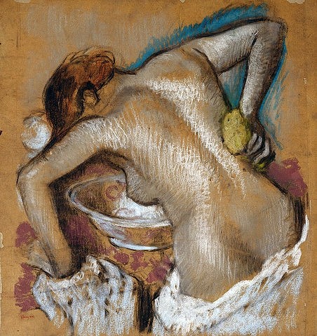 Edgar Degas, Frau, ihren Rücken mit einem Schwamm waschend. Um 1888-92 (Degas,Edgar,1834-1917,Christie's Images Ltd,Pastell/bräunl. Papier,19. Jahrhundert,Impressionismus,Christie's Images,Edgar Degas,Frau,Körperpflege,Rücken,Schwamm,sich waschen,Rückenakt,intim,Impressionismus,Pastell,Waschschüssel, französischer impressioni)