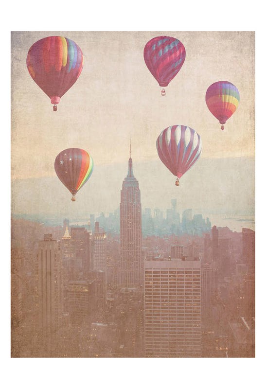 Ashley Davis, VINTAGE HOTAIR BALLOONS (New York, Städte, Heißluftballons, Skyline, schweben, Wohnzimmer, Treppenhaus, modern, Luftbild, Fotokunst, Wunschgröße, bunt)
