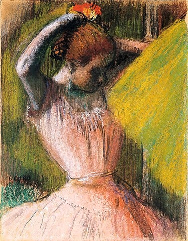 Edgar Degas, Sich frisierende Tänzerin. Um 1900-12 (Degas,Edgar,1834-1917,Christie's Images Ltd,Pastell auf Papier,20. Jahrhundert,Impressionismus,Edgar Degas,Ballett,Balletttänzerin,Tänzerin,Pastell,Frau,Impressionismus,sich frisieren,Ballerina, französischer impressionismus,französisch,impressionistisch)