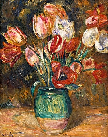 Pierre-Auguste Renoir, Vase mit Tulpen. 1888-89 (Stillleben, Blumen, Blüten,  Tulpen, Frühlingsblumen, Blumenstrauß, floral, Vase, Krug, Impressionismus, klassische Moderne, Wunschgröße, Wohnzimmer, Esszimmer, Malerei)