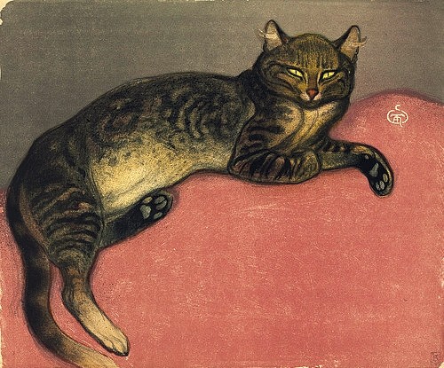 Théophile-Alexandre Steinlen, Der Winter, Katze auf einem Kissen. 1909 (Art Nouveau, Jugendstil, Katze, katzen, gemütlich, Tier, Haustier, Malerei, Wohnzimmer, Treppenhaus, Wunschgröe, bunt)