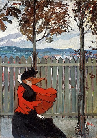 Théophile-Alexandre Steinlen, Der Windstoß. Um 1895-96 (Art Nouveau, Jugendstil, Frau, Eleganz, modisch, Sturm, Wind, Windböe, Wohnzimmer, Treppenhaus, Wunschgröße, bunt)