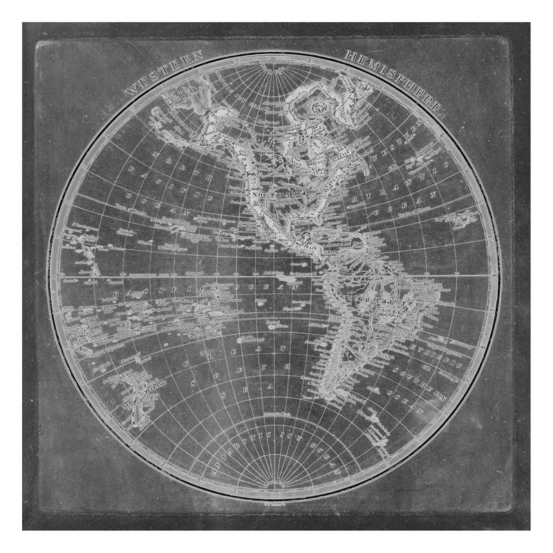 Tina Carlson, THE WORLD IN BLACK II (Geografische Karte, Erde, westliche Hemisphäre, Amerika, Kontinent, Nostalgie, Grafik, Wunschgröße, Wohnzimmer, Treppenhaus, schwarz)